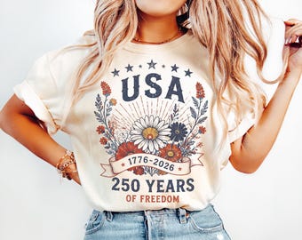 250 jaar vrijheid vintage bloemenshirt, VS 250e verjaardag patriottische bloemenshirt, top 1776 2026, Comfort Colors® 4 juli-cadeau