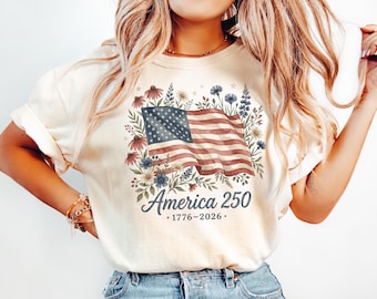 Shirt met 250e bloemenvlag VS, aquarel Poppy Independence Day-T-shirt, comfort Colors® patriottische top