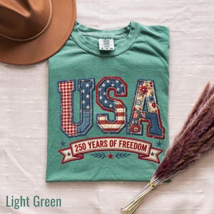 Patriotic faux embroidery USA patchwork letters shirt with denim floral and gingham design for America 250 years of freedom