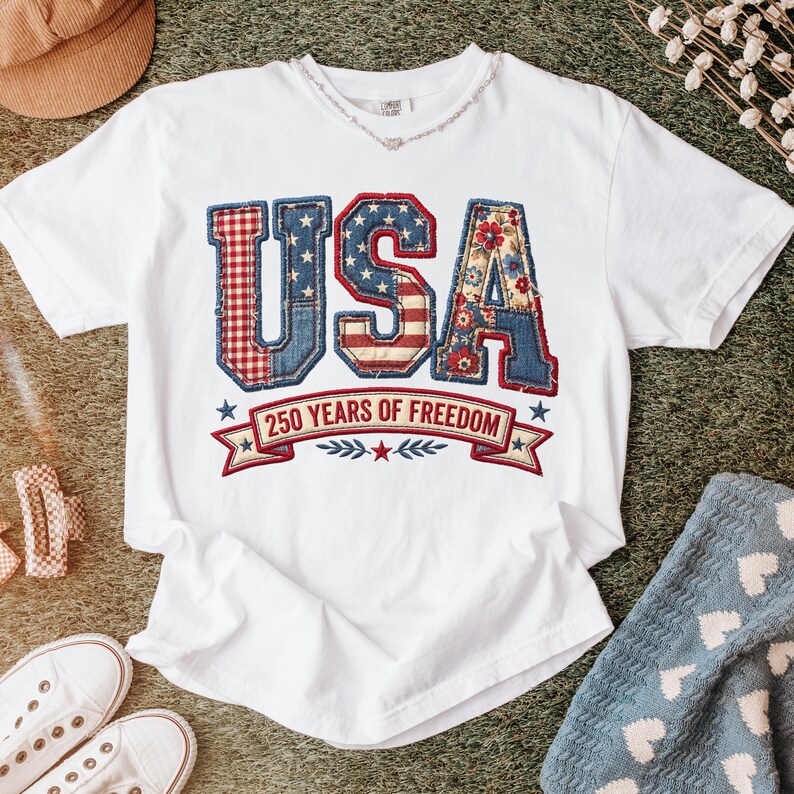 Patriotic faux embroidery USA patchwork letters shirt with denim floral and gingham design for America 250 years of freedom