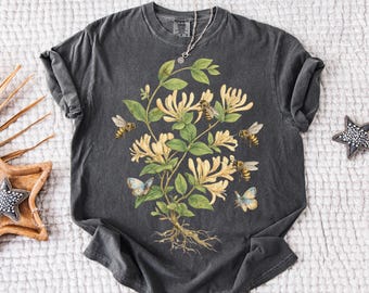 Vintage grafisch T-shirt Honeysuckle Bee, shirt botanische kunst natuurliefhebber