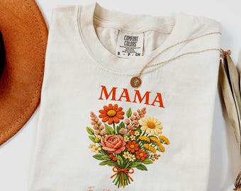 Faux Embroidery Floral Mama Shirt, Personalized Mom Gift, Mothers Day Cottagecore Comfort Colors