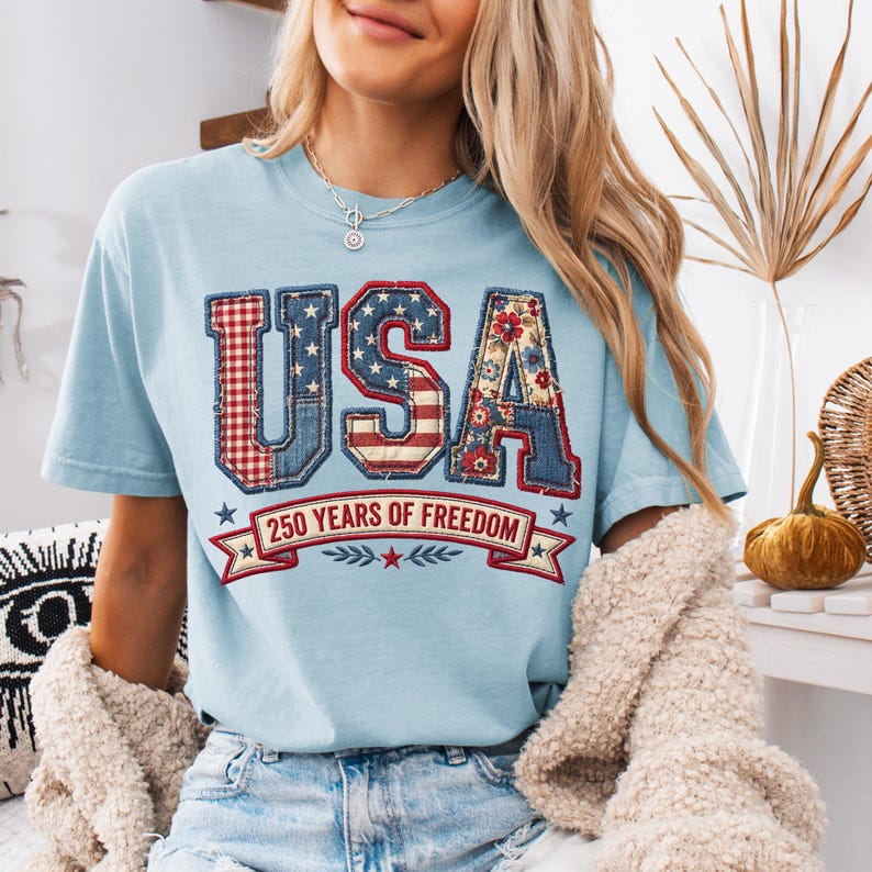Patriotic faux embroidery USA patchwork letters shirt with denim floral and gingham design for America 250 years of freedom