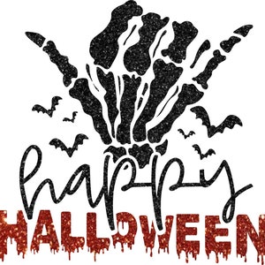 Ready to Press Skeleton Hand Happy Halloween Vinyl Heat Transfer Iron-on Applique for DIY Hot Fix Apparel or Tote Bags