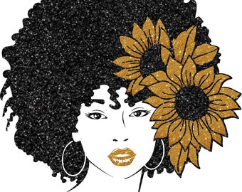 Iron On Decal Girl with Sunflowers Glitter Vinyl Heat Transfer Iron-on Applique for DIY Apparel or Tote Bags