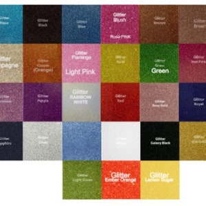 May include: A chart of 36 different colors of glitter, each with a name. The colors include aqua, black, blue, blush, bronze, brown, champagne, copper, flamingo, gold, green, hot pink, lavender, light pink, light green, purple, rainbow white, red, rose gold, royal, sapphire, silver, white, yellow, and more.