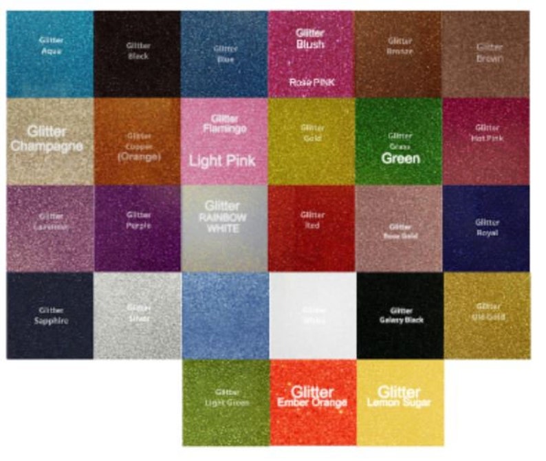 May include: A chart of 36 different colors of glitter, each with a name. The colors include aqua, black, blue, blush, bronze, brown, champagne, copper, flamingo, gold, green, hot pink, lavender, light pink, light green, purple, rainbow white, red, rose gold, royal, sapphire, silver, white, yellow, and more.