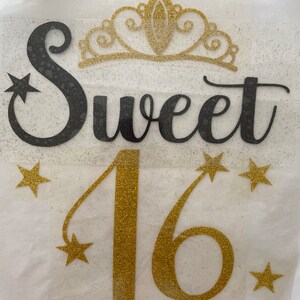 May include: Gold glitter "Sweet 16" with a gold glitter crown and stars.