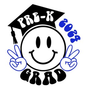 May include: Black and white graduation design with a smiley face wearing a graduation cap that says "PRE-K 2023 GRAD".