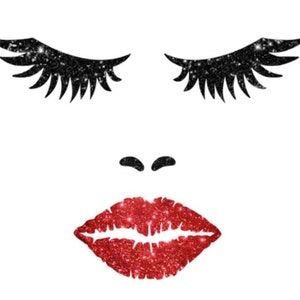 May include: A simple illustration of a face with closed eyes and red glitter lips. The eyes are outlined in black glitter and have long lashes.