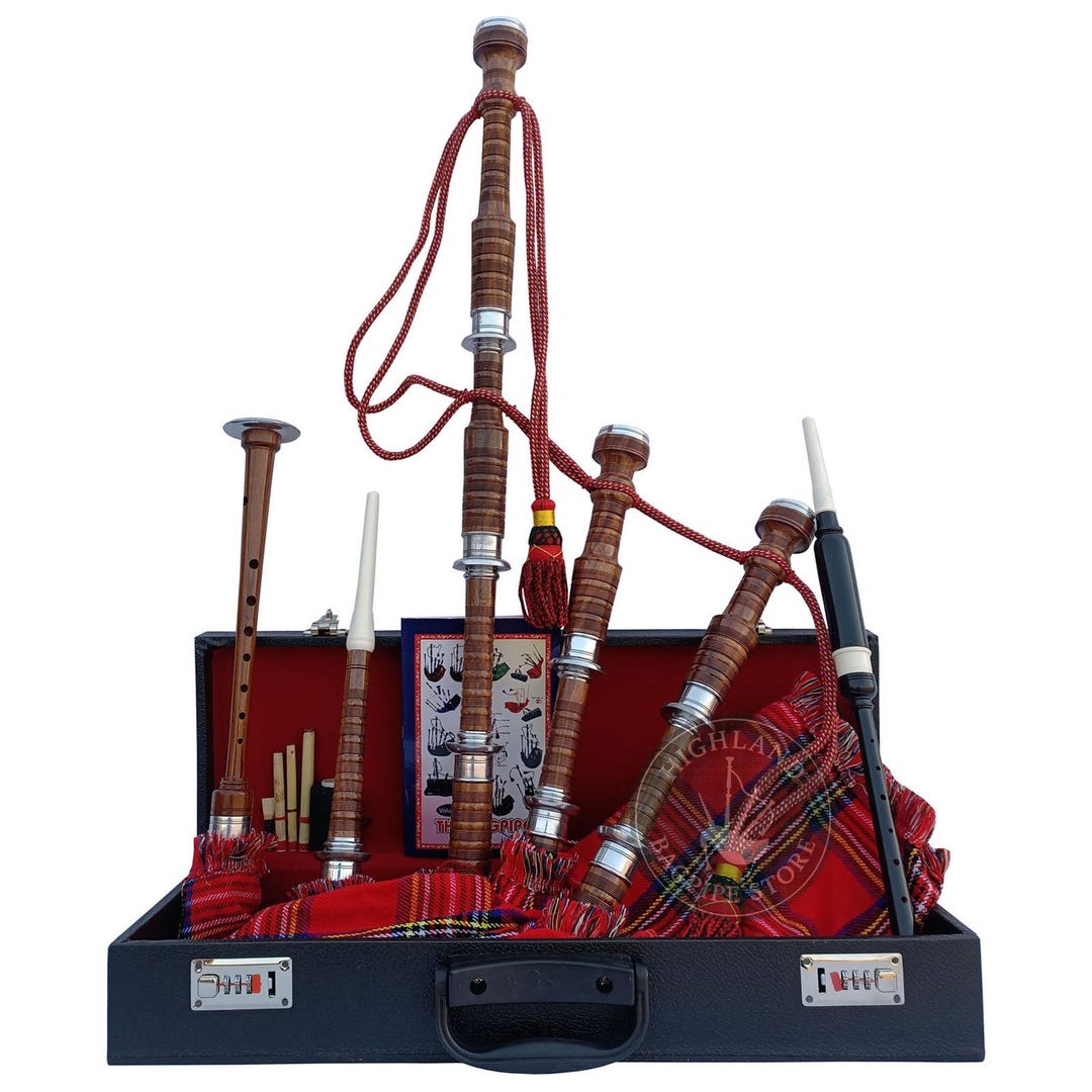 Bagpipe Reeds Set Traditional Scottish Full Bagpipe Set – Royal Stewart Tartan Cover, Red ...