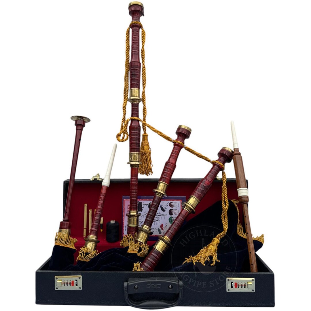 Scottish Highland Bagpipes Gold Mounted Pipes With Navy Velvet Bag ...
