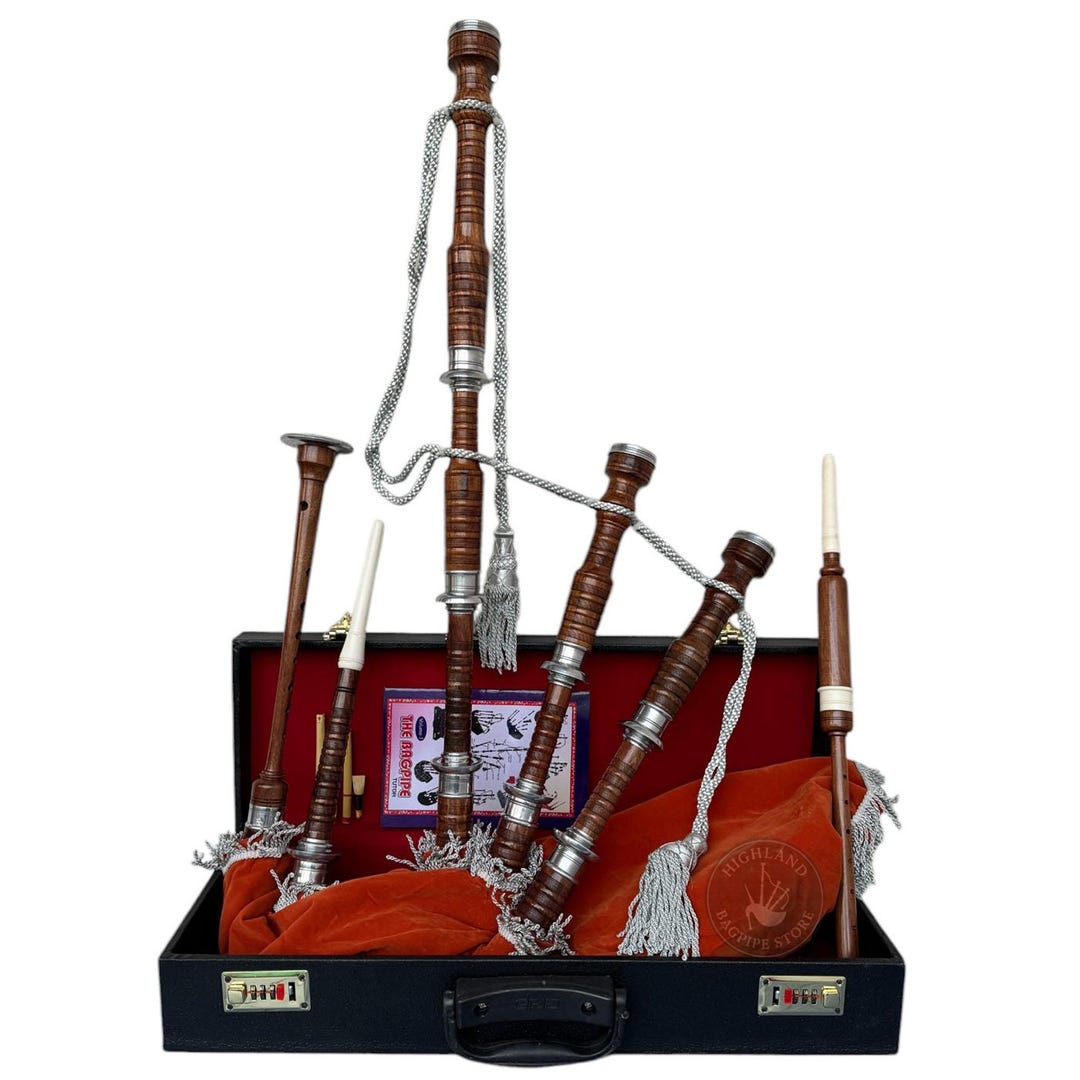 Bagpipe Reeds Set Natural Wood Bagpipe Set With Silver Mounts & Orange Velvet Bag ...