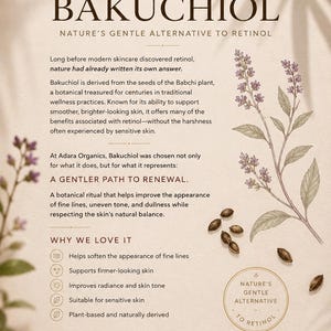 Puede incluir: Un cartel informativo titulado The Story of Bakuchiol de Adara Organics. Presenta ilustraciones bot&aacute;nicas de la planta Babchi y sus semillas, texto que explica el Bakuchiol como alternativa al retinol y una lista de beneficios cut&aacute;neos.
