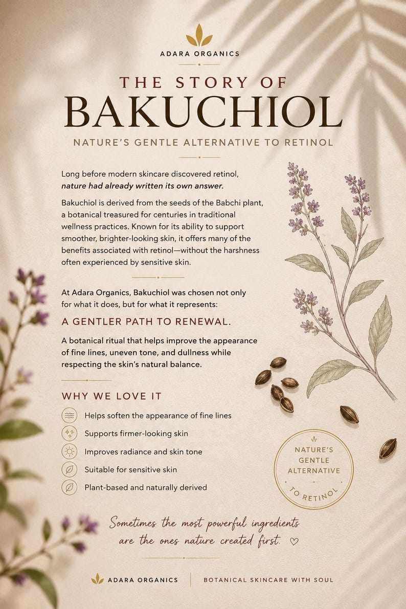 Puede incluir: Un cartel informativo titulado The Story of Bakuchiol de Adara Organics. Presenta ilustraciones bot&aacute;nicas de la planta Babchi y sus semillas, texto que explica el Bakuchiol como alternativa al retinol y una lista de beneficios cut&aacute;neos.