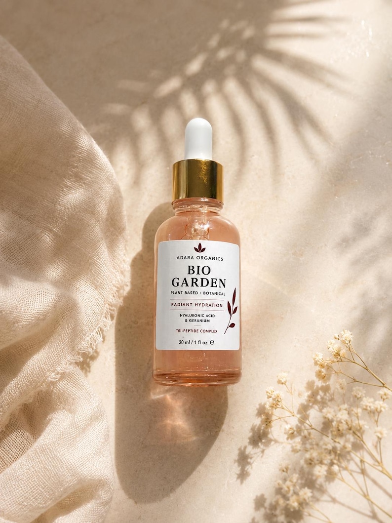 K&ouml;nnte beinhalten: Eine Glasflasche Adara Organics Bio Garden Serum mit goldener Tropferspitze. Das Etikett lautet "Plant Based Botanical Radiant Hydration" und listet Inhaltsstoffe auf. Die Flasche enth&auml;lt 30 ml Produkt. Der Hintergrund umfasst ein beiges Tuch und Trockenblumen.