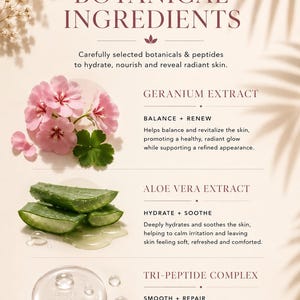K&ouml;nnte beinhalten: Werbung f&uuml;r Adara Organics mit botanischen Inhaltsstoffen. Das Bild zeigt rosa Geranienbl&uuml;ten, Aloe Vera-Scheiben und einen Tri-Peptid-Komplex. Der Text hebt Vorteile wie Feuchtigkeit und Hauterneuerung hervor.