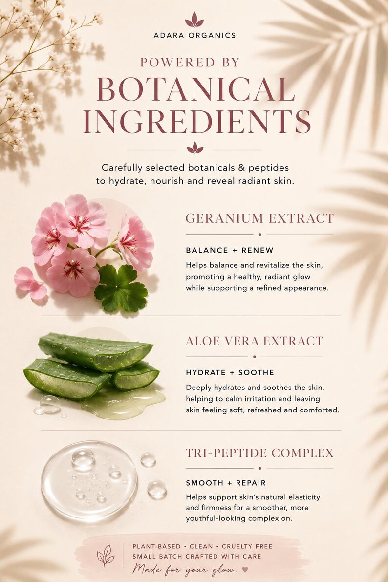K&ouml;nnte beinhalten: Werbung f&uuml;r Adara Organics mit botanischen Inhaltsstoffen. Das Bild zeigt rosa Geranienbl&uuml;ten, Aloe Vera-Scheiben und einen Tri-Peptid-Komplex. Der Text hebt Vorteile wie Feuchtigkeit und Hauterneuerung hervor.