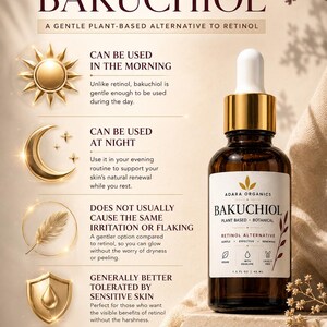 Puede incluir: Un frasco cuentagotas de vidrio &aacute;mbar de suero Bakuchiol de Adara Organics con una etiqueta blanca. El texto de la etiqueta dice Bakuchiol, Plant Based, Botanical, Retinol Alternative, 1.5 fl oz | 45 ml. La imagen incluye texto sobre los beneficios.