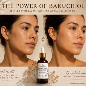 Puede incluir: Un frasco cuentagotas de vidrio marr&oacute;n etiquetado como Bakuchiol, colocado entre dos retratos lado a lado que muestran la piel antes y despu&eacute;s del uso. El texto dice The Power of Bakuchiol, Gentle Botanical Renewal, Real Results y Consistent Care.