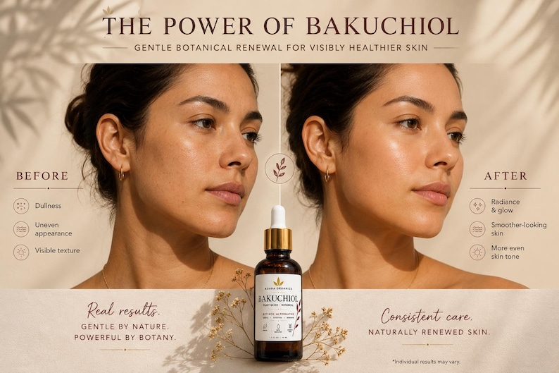 Puede incluir: Un frasco cuentagotas de vidrio marr&oacute;n etiquetado como Bakuchiol, colocado entre dos retratos lado a lado que muestran la piel antes y despu&eacute;s del uso. El texto dice The Power of Bakuchiol, Gentle Botanical Renewal, Real Results y Consistent Care.