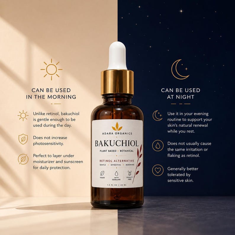 Puede incluir: Un frasco cuentagotas de vidrio marr&oacute;n de suero Bakuchiol de Adara Organics con tapa dorada. La etiqueta dice Bakuchiol, Plant Based, Botanical, Retinol Alternative, 1.5 fl oz, 45 ml. El texto explica el uso diurno y nocturno con iconos.