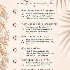 K&ouml;nnte beinhalten: Eine cremefarbene Grafik mit dem Text "ADARA ORGANICS Q & A FREQUENTLY ASKED QUESTIONS." Der Text beschreibt ein botanisches Peptids&eacute;rum, seine Inhaltsstoffe, Vorteile und Anwendung. Das Bild wirbt f&uuml;r botanische Hautpflege.