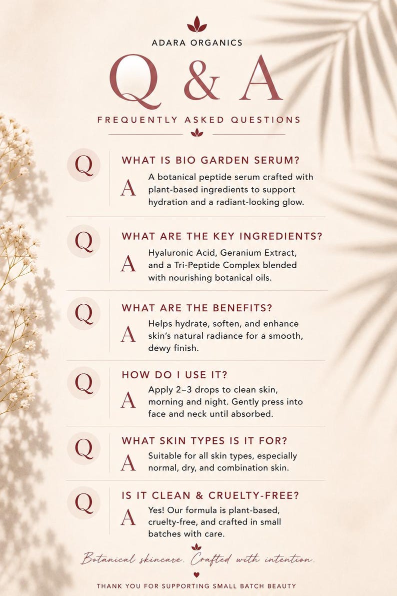 K&ouml;nnte beinhalten: Eine cremefarbene Grafik mit dem Text "ADARA ORGANICS Q & A FREQUENTLY ASKED QUESTIONS." Der Text beschreibt ein botanisches Peptids&eacute;rum, seine Inhaltsstoffe, Vorteile und Anwendung. Das Bild wirbt f&uuml;r botanische Hautpflege.