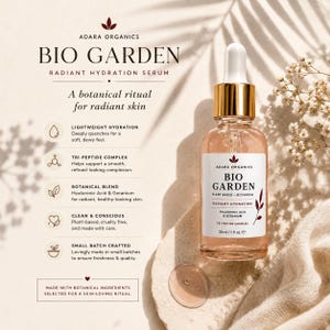 K&ouml;nnte beinhalten: Eine Flasche Adara Organics Bio Garden Radiant Hydration Serum. Die klare Glasflasche hat eine Pipette und einen goldenen Verschluss. Das Etikett enth&auml;lt den Text "Bio Garden" und "Radiant Hydration". Das Serum ist 30 ml.