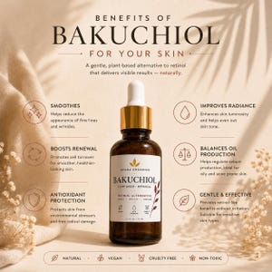 Puede incluir: Un frasco cuentagotas de vidrio marr&oacute;n de suero Bakuchiol de Adara Organics con una etiqueta blanca que muestra el texto Bakuchiol, Plant Based, Botanical, Retinol Alternative, 1.0 fl oz, 30 ml. El frasco est&aacute; rodeado de texto sobre beneficios.