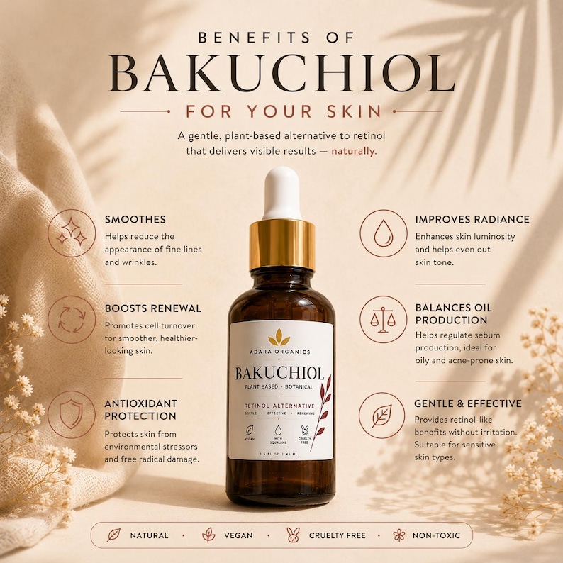 Puede incluir: Un frasco cuentagotas de vidrio marr&oacute;n de suero Bakuchiol de Adara Organics con una etiqueta blanca que muestra el texto Bakuchiol, Plant Based, Botanical, Retinol Alternative, 1.0 fl oz, 30 ml. El frasco est&aacute; rodeado de texto sobre beneficios.