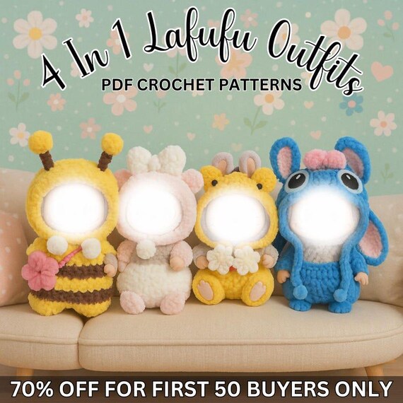 4-in-1 Lafufu, Stitch, Pooh , Pinky Bear Outfit Crochet Pattern PDF - Doll Hood & Overalls Costume - Instant Download