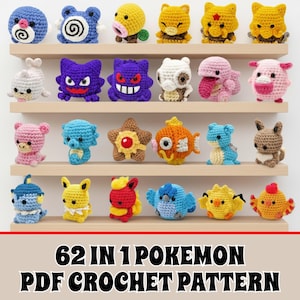 Mini Pokémon de crochet 62 en 1 (PDF) - Pikachu, Charmander, Squirtle, Bulbasaur y más - Descarga digital instantánea