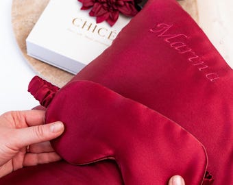 Personalized Silk Pillowcase and Sleep Mask Set, Luxury Mulberry Silk Gift for Her, Mother's Day Gift Burgundy