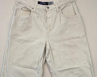 Vintage Anchor Blue Baggy Jeans 34x32 Cream White Denim Y2K 90s Relaxed Fit Straight Leg Distressed Workwear Pants