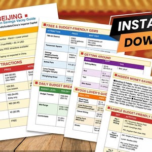 May include: A collection of travel guides for Beijing, China, with the title "Destination Savings Vacay Guide." The guides feature information on attractions, budget tips, and a 3-day itinerary. The guides are on a wooden surface with a red and gold background.