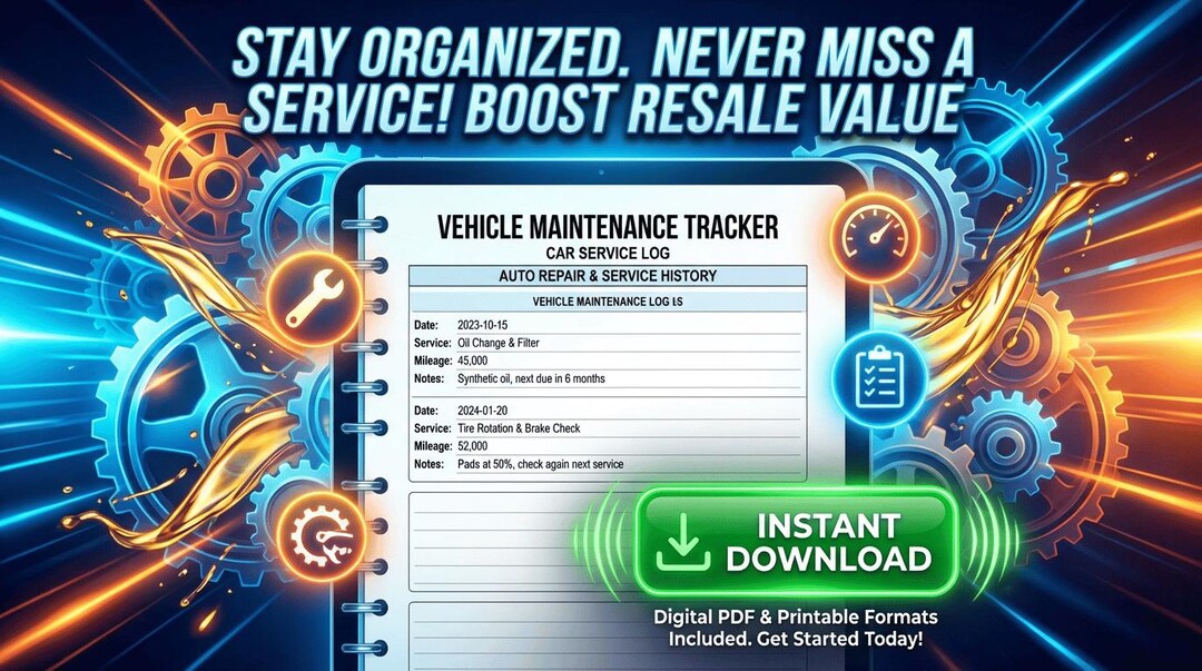Vehicle Maintenance Tracker | Car Service Log Printable | Auto Repair ...