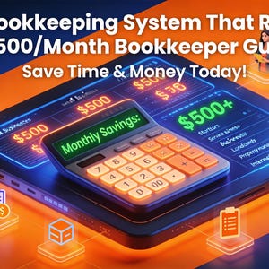 May include: An advertisement for an AI bookkeeping system. The image features a digital tablet with a calculator graphic displaying "Monthly Savings." Text includes "The AI Bookkeeping System That Replaces a $500/Month Bookkeeper Guide" and "Save Time & Money Today!"