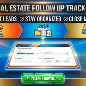 May include: A digital graphic promoting a real estate follow-up tracker. The image features a tablet displaying a dashboard, with icons and text indicating features like converting leads, staying organised, and closing deals. The words "Real Estate Follow Up Tracker" are at the top.