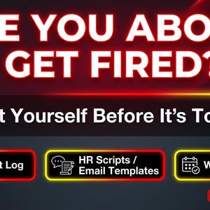May include: A digital graphic with the question "ARE YOU ABOUT TO GET FIRED?" in white text on a red and black gradient. The text "Protect Yourself Before It's Too Late" is below. Three icons with text: "Incident Log," "HR Scripts / Email Templates," and "Work Tracker."