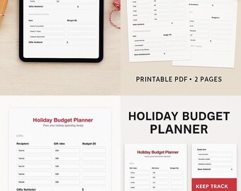 May include: A digital tablet and printed sheets displaying a holiday budget planner. The planner includes sections for gifts, decorations, and food, with the text "Holiday Budget Planner" at the top. The image also includes the text "Keep track of gifts, decor, food, travel & more."