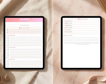 May include: Two digital tablets displaying daily planner pages. One tablet shows a pink and white layout with time slots. The other tablet has a checklist. A pen, coffee cup, and decorative elements are also present.