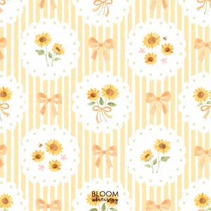 May include: Watercolor pattern featuring sunflowers, bows, and a striped background. The sunflowers are yellow with brown centers, set on white scalloped circles. Peach-colored bows and a yellow and white striped background complete the design. The text "BLOOM artistry" is at the bottom.