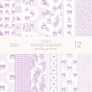 以下が含まれることがあります： ラベンダーと白を基調とした12種類のシームレスパターン。ウサギ、リボン、花柄、ストライプのデザイン。テキストには「TOILE EASTER GARDEN seamless patterns」と書かれています。