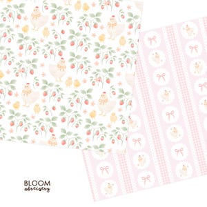 May include: Two sheets of patterned paper. One features a repeating pattern of hens, chicks, strawberries, and leaves on a white background. The other has a pink and white striped design with hen and chick illustrations.