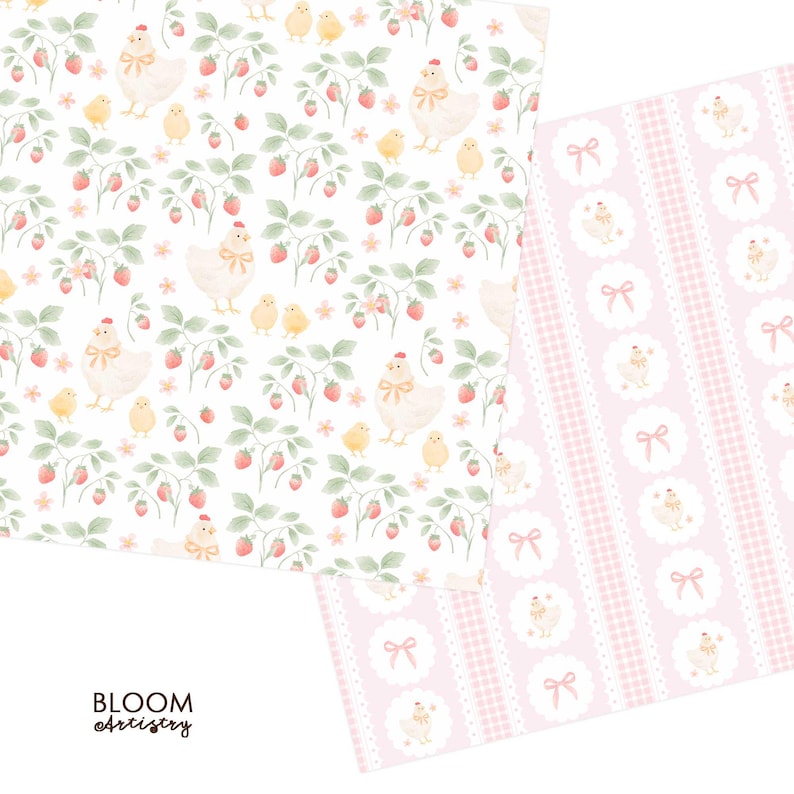 May include: Two sheets of patterned paper. One features a repeating pattern of hens, chicks, strawberries, and leaves on a white background. The other has a pink and white striped design with hen and chick illustrations.