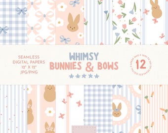 Grandmillenial digitaal Pasen-papier, preppy digitaal papier, roze strik digitaal papier, Cottage Core lente naadloos bestand, Coquette digitaal papier