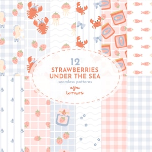 Preppy Coastal Seamless Patterns,  Strawberry Digital Paper, Summer Seamless Pattern, Nautical Seamless Files, Sea Seamless Pattern PNG JPG
