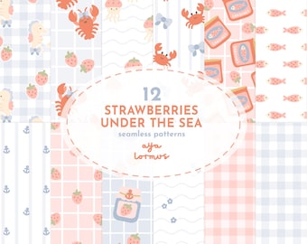 Preppy Coastal Seamless Patterns,  Strawberry Digital Paper, Summer Seamless Pattern, Nautical Seamless Files, Sea Seamless Pattern PNG JPG