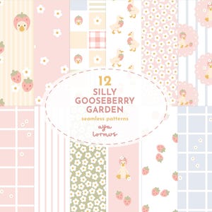 May include: A collection of 12 "Silly Gooseberry Garden" seamless patterns. The patterns feature strawberries, daisies, and cartoon geese. Colors include pink, white, yellow, and light blue. The patterns are designed by aya lormus.